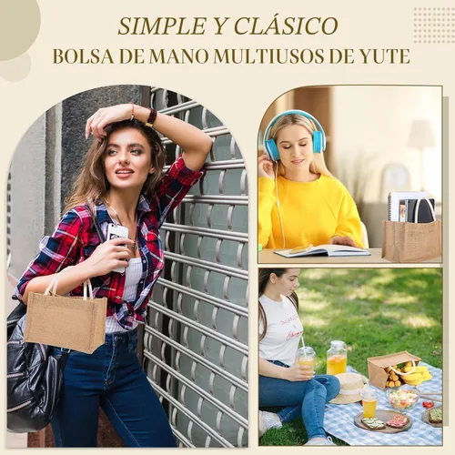 Vista 6 de 12 Piezas Bolsas de Arpillera Mini Bolsas de Yute Reutilizables con Asas Pequeña Lona en Blanco Regalo Impermeable para Boda Playa Bricolaje