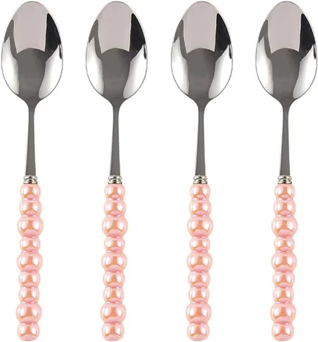 Vista 7 de Ouliget Cucharas de acero inoxidable, cuchara de mango de cerámica de acero inoxidable, cuchara de postre coreana con mango de perlas de imitación