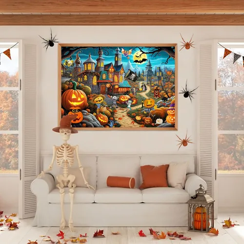 Vista 5 de Rompecabezas de Halloween para adultos de 1000 piezas, castillo de calabaza de otoño, rompecabezas de casa encantada de terror, rompecabezas