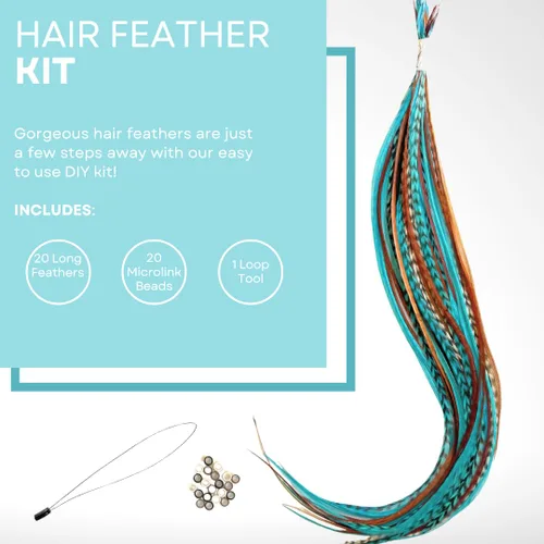 Vista 3 de Kit de extensiones de plumas de cabello, plumas de gallo largas reales para cabello con cuentas de microenlace y herramienta de bucle, turquesa