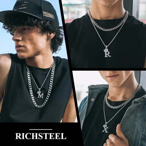 Vista 2 de Richsteel A-Z Crown Initial Necklace For Men Women 18K Gold Plated Shiny Cubic Zirconia Monogram Pendant with 22'' Chain+2'' (Extended) Fashion