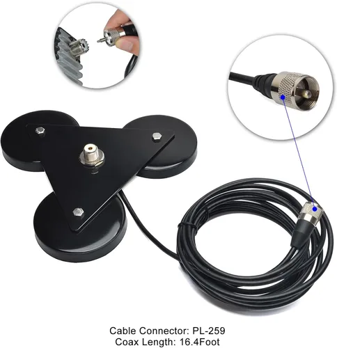 Vista 4 de SO239 - Base magnética de montaje de antena con imanes triples W/5M (16.4 pies) RG-58 Cable PL-259 Enchufe, para antena de radio de jamón móvil
