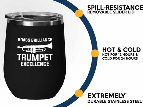 Vista 3 de Trumpet Lover Gift Black Edition Vaso de vino de 12 onzas – Trompeta brillante de latón – Divertido trompetista banda de latón, trompetista, amante