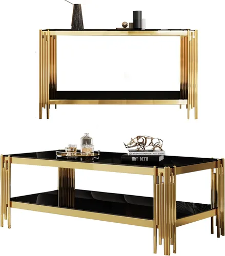 Vista 20 de Mesa auxiliar rectangular de vidrio de 48 pulgadas, mesa de centro de 2 niveles con parte superior de vidrio templado negro, patas de acero