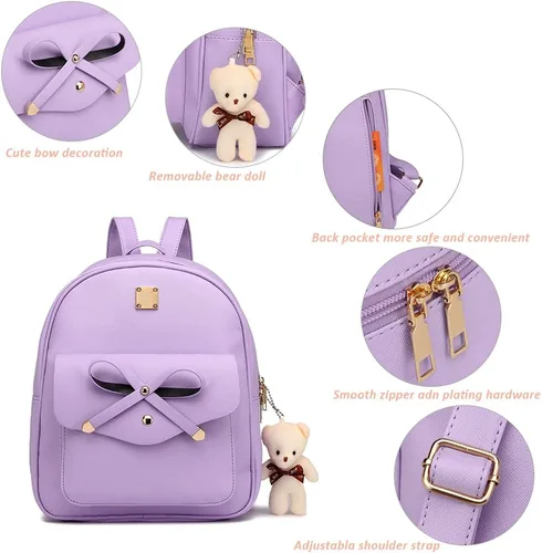 Vista 3 de MACCINELO Linda mochila de cuero para mujer, mochila pequeña con lazo para regalo de niñas, bolsa de hombro para mujer, 3