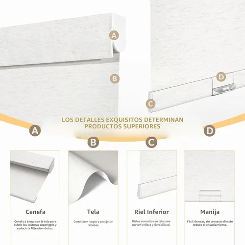 Vista 6 de Boolegon - Persianas enrollables opacas sin cordones para ventanas, color beige, tamaño personalizado Persianas de lino con cenefa, tela aislante