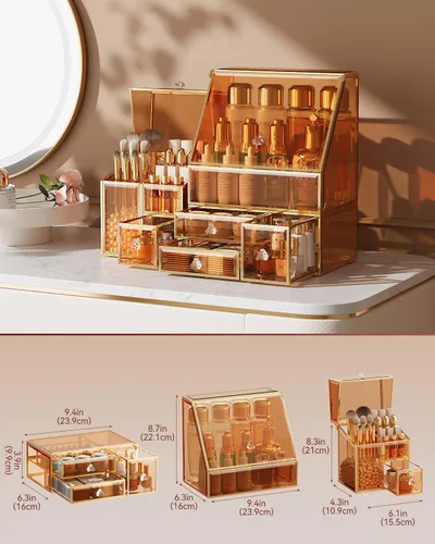 Vista 6 de CoralHouse Organizador de maquillaje ámbar, organizador de tocador de vidrio para cuidado de la piel, lápices labiales, perfumes, brochas