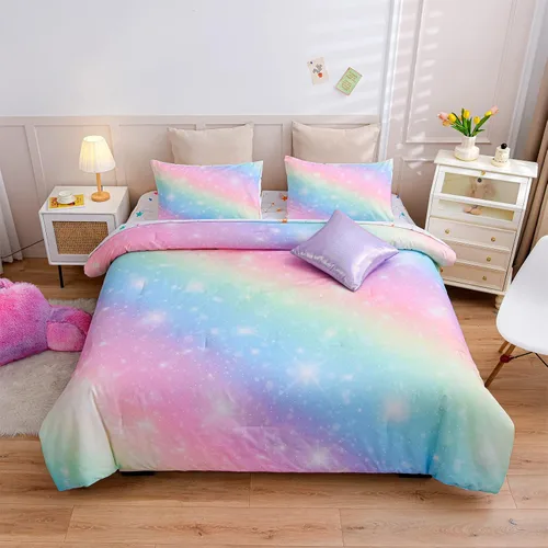 Vista 12 de A Nice Night Juego de ropa de cama de 6 piezas con purpurina degradada para niñas, tamaño completo, juego de edredón colorido de galaxia arcoíris