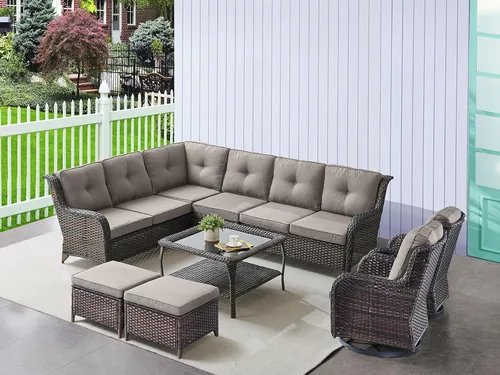 Vista 140 de HUMMUH Juego de 2 Sillas Giratorias Mecedoras de Mimbre para Patio Exterior, Juego de Muebles de Sillas Mecedoras de Ratán (Marrón, Azul) 50,000