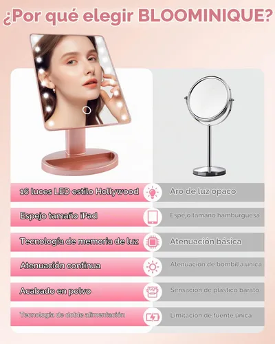 Vista 3 de Espejo de maquillaje iluminado con luces, espejo de tocador con luces, 16 luces LED, espejo de escritorio regulable con luz, fuente de alimentación
