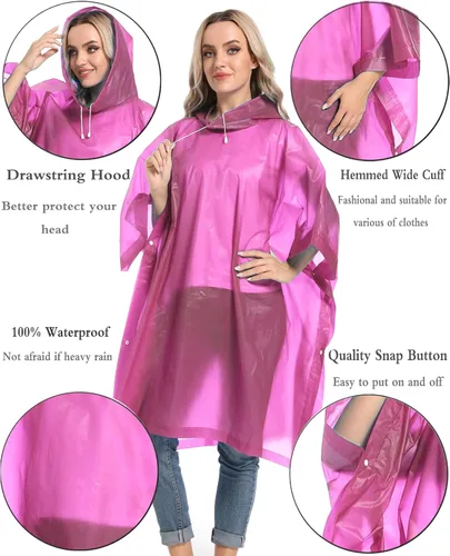 Vista 66 de Ponchos de lluvia reutilizables con capucha con cordón para adultos, abrigo de lluvia grueso impermeable, 2 paquetes