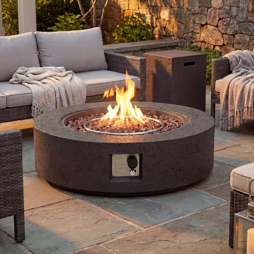 Vista 31 de COSIEST mesa cuadrada de propano para exteriores de arenisca con protector contra el viento, certificada, quemador de acero inoxidable de 50,000