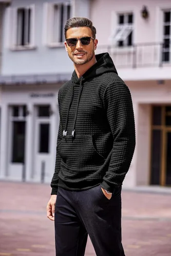 Vista 2 de COOFANDY Sudaderas con capucha para hombre, de manga larga, de punto gofre, con bolsillo