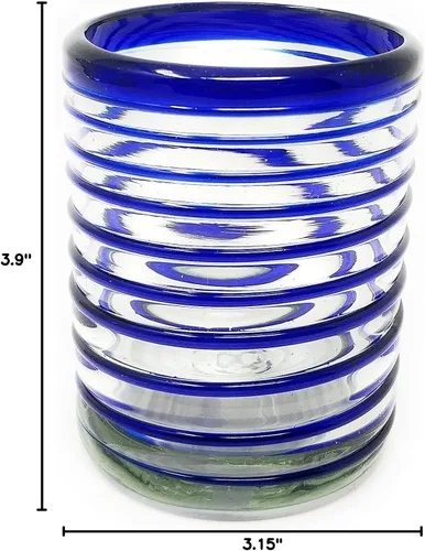 Vista 8 de Dos Sueños Vasos mexicanos soplados a mano, juego de 6 vasos con diseño de espiral azul (10 onzas cada uno)