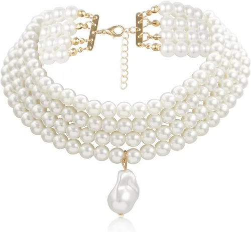 Vista 4 de Wiwpar Gargantilla de perlas de imitación redonda, collar vintage con colgante de perlas de múltiples hebras, collar de los años 20 para mujer