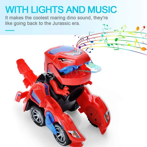 Vista 5 de Juguetes transformadores 2 en 1, dinosaurio transformador LED 2 en 1, auto transformador de dinosaurio automático, lámparas de coche de juguete