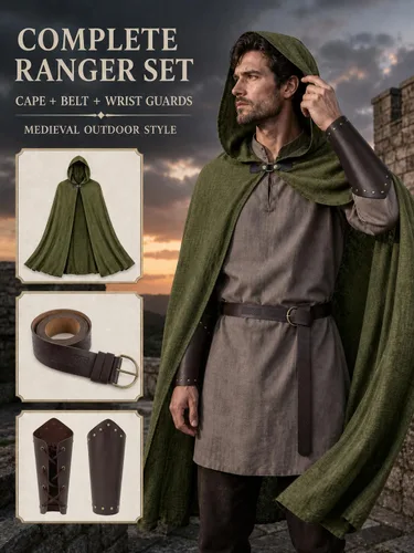 Vista 4 de JPXH Juego de capa medieval con cinturón y muñequeras para disfraz de Verde