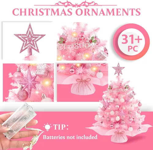 Vista 3 de XmasExp - Mini árbol de Navidad de 20 pulgadas con luces rosa, pequeño árbol de Navidad artificial para decoración de mesa de Navidad, decoración