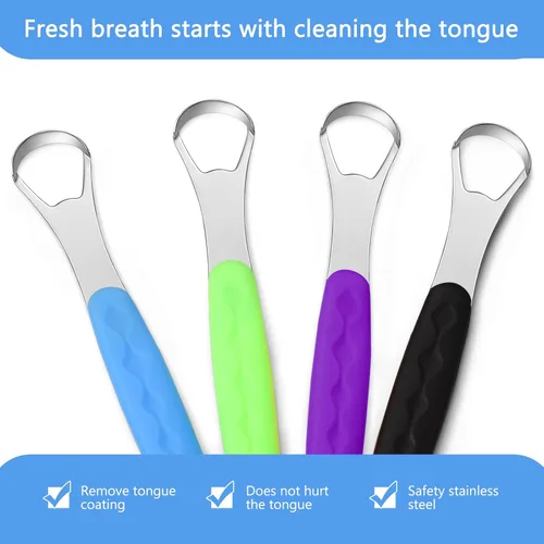 Vista 3 de 4 piezas de limpiador de lengua para adultos y niños, cepillo de lengua de acero inoxidable, raspador de metal, reduce el mal aliento con fundas