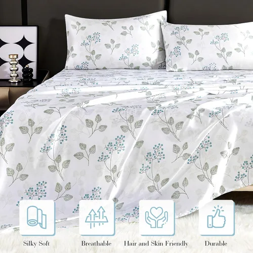 Vista 6 de YIYEA Sábanas de satén, estampado floral, lujosas sábanas de tamaño King de tacto sedoso, elegante juego de sábanas de satén liso, bolsillo profundo