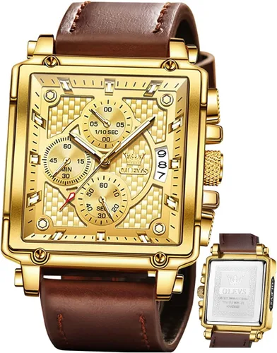 Vista 10 de OLEVS Relojes cuadrados para hombre, cronógrafo de cuero marrón, reloj de negocios de moda, luminoso, impermeable, relojes de pulsera casuales