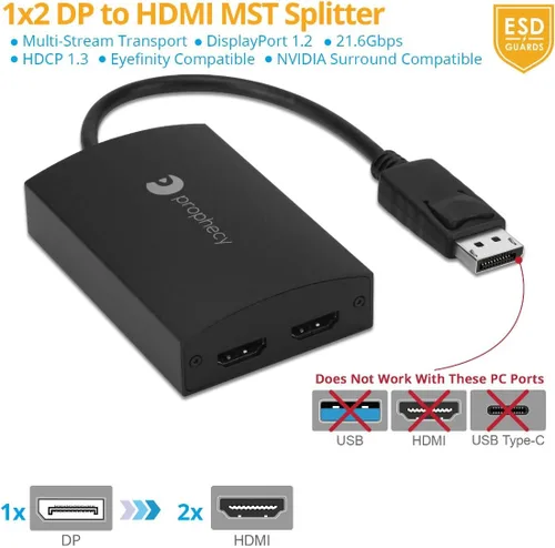 Vista 3 de gofanco Prophecy 1x2 DisplayPort 1.2 a 2 puertos HDMI Multi Monitor Adapter DisplayPort to dual HDMI MST hub with extended desktop mode, up to