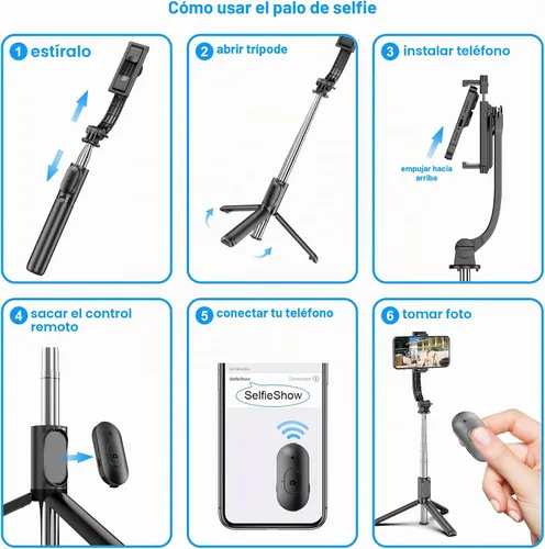 Vista 6 de SelfieShow Selfie Stick, Palo de Selfie Extensible con Trípode, Control Remoto Inalámbrico y Soporte de Trípode, Portátil, Ligero, Compatible
