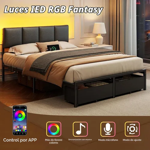 Vista 3 de Base de cama tamaño matrimonial con cabecera tapizada de poliuretano y 2 cajones Metal Platform Bed with Charging Station, LED Light and Fabric