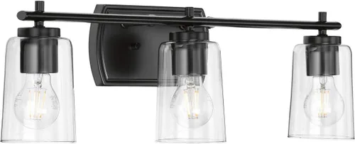 Vista 6 de Progress Lighting Adley Collection - Lámpara de tocador de baño tradicional con 3 luces, de cristal transparente, color negro mate, 7-5/8 x 23 Mate