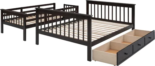 Vista 7 de Litera con cajón, base de litera individual sobre matrimonial con escalera, riel de almacenamiento y protección de seguridad, convertible