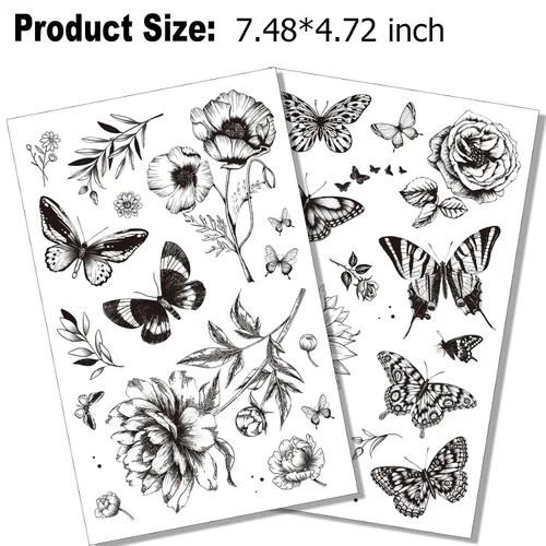 Vista 7 de Tazimi 6 hojas de tatuajes temporales de mariposa de flores negras para mujeres y niñas, de larga duración, realistas, impermeables, tatuajes falsos