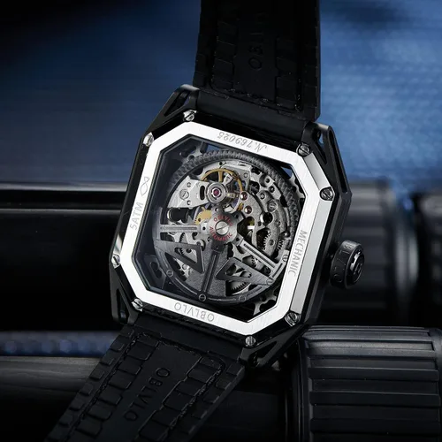 Vista 8 de Luxury Square Luminous Self-Wind Mens Watch Fashion Mechanical Automatic Waterproof Sport Watch Rubber Watch AK
