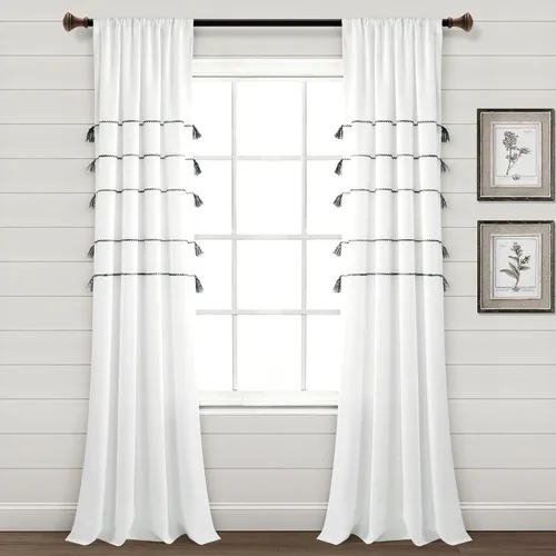 Vista 10 de Lush Decor Cortinas de ventana de mezcla de algodón teñido con borlas, estilo bohemio, estilo bohemio, a rayas, 42 pulgadas de ancho x 84 pulgadas