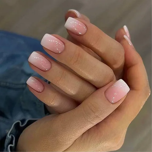 Vista 8 de Uñas postizas verdes a presión - Uñas falsas cortas cuadradas con purpurina dorada y diseños de remolino, acabado brillante, uñas postizas acrílicas