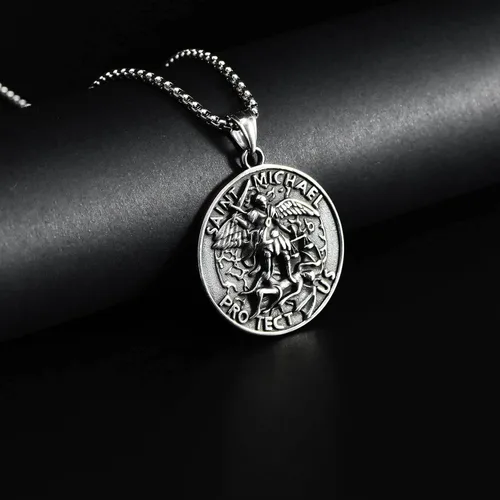 Vista 5 de FLYUN St Michael Necklace for Men, Archangel Saint Michael Pendant Medal in Stainless Steel