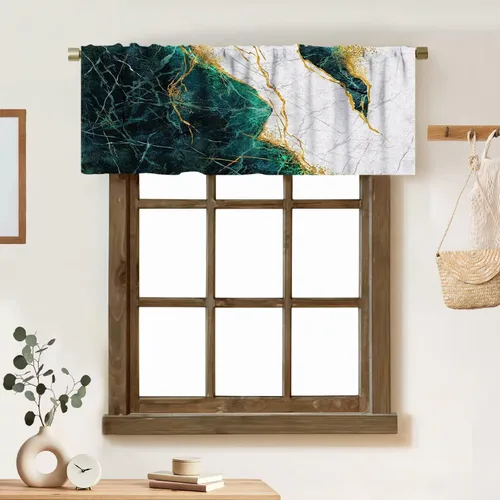 Vista 35 de Cortina de cenefa de mármol verde con venas doradas de mármol negro, diseño abstracto de lujo, elegante cenefa con bolsillo para barra, 1 panel