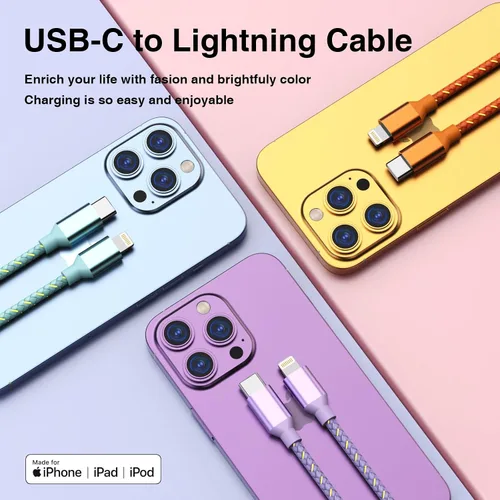 Vista 2 de Cable USB C a Lightning para cargador de iPhone certificado MFi de Apple, paquete de 3 cables de carga rápida de 1.8 metros, tipo C a Lightning