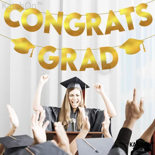 Vista 6 de KatchOn, Banner de graduación de felicitaciones doradas y negras con purpurina, 10 pies, pancarta de graduación dorada y negra, guirnalda de gorra