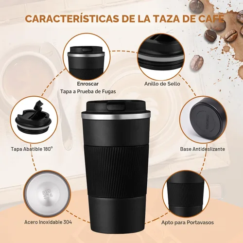 Vista 5 de Taza de Café de Viaje de 12 OZ, Taza de Café Aislada con Tapa a Prueba de Derrames y Fugas, Vaso Portátil de Acero Inoxidable Reutilizable para Agua