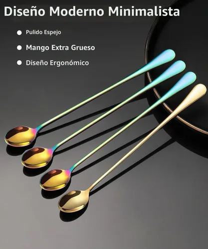 Vista 4 de Cuchara de té helado de mango largo, cucharas para mezclar cócteles, cucharas de café de acero inoxidable, cuchara de helado de colores Juego de 8
