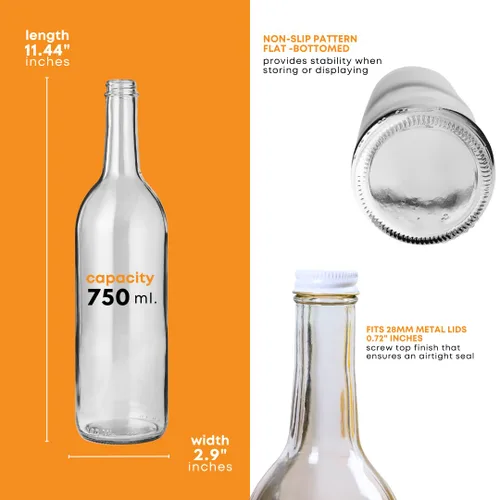 Vista 3 de FastRack - Botellas de vino transparentes de 750 ml con tapas de rosca de metal blanco de 28 mm (Paquete de 12) Botellas de vino de Burdeos W5