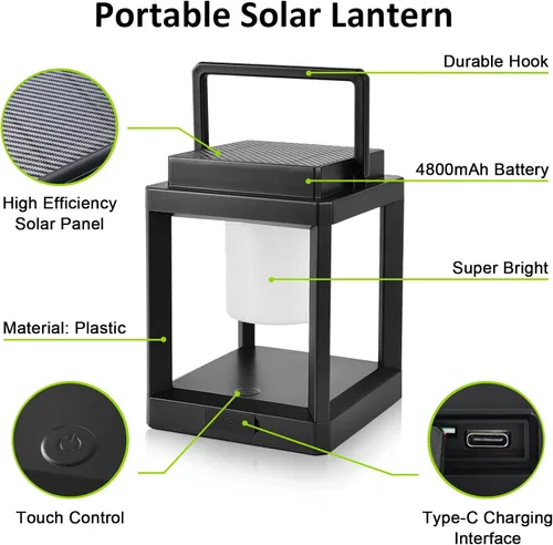 Vista 3 de Lámpara de mesa solar para exteriores, luz recargable inalámbrica para patio, linterna LED portátil con control táctil, 3 niveles de brillo, 4800