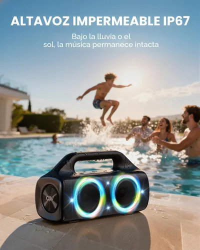 Vista 5 de Altavoz Bluetooth impermeable IP67: 80 W (pico), altavoces inalámbricos portátiles para exteriores con luces LED, tiempo de reproducción de 20