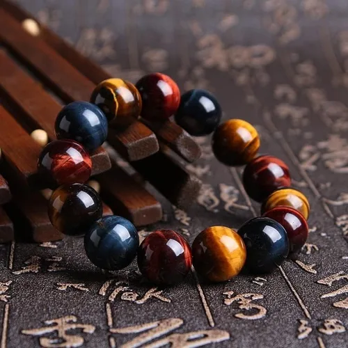 Vista 3 de Pulseras y pulseras de piedra natural con ojos de tigre rojos, azules y amarillos, joyería hecha a mano, pulsera de cuentas de piedra energética