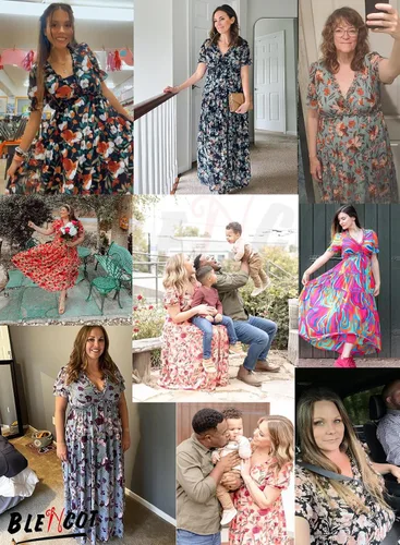 Vista 8 de BLENCOT Vestido largo casual de manga corta para mujer, estilo bohemio, estampado floral, cuello en V, fruncido, cóctel, fiesta, maxi vestidos