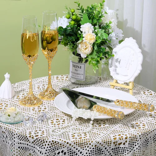 Vista 4 de Sratte - Juego de 4 cuchillos para pastel de boda y copas de champán, color dorado Toasting Crystal Rhinestone Champagne Flutes, Glasses Cake