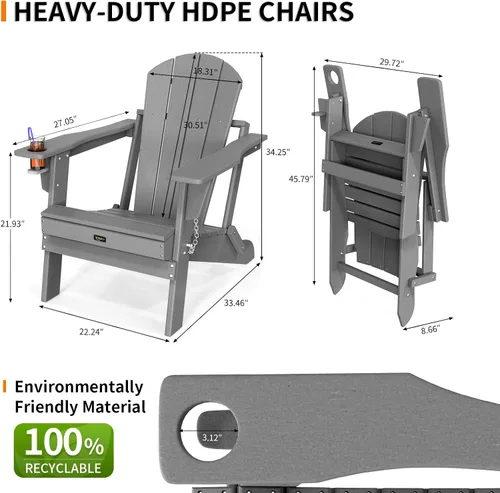 Vista 3 de VINGLI Sillas Adirondack de plástico, plegables con soporte para tazas, material de polietileno de alta densidad impermeable, cómoda capacidad