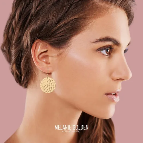 Vista 15 de Aretes colgantes grandes con disco circular martillado en plata, oro u oro rosa