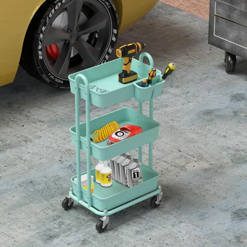 Vista 6 de Simple Houseware - Carro multiusos rodante de 3 niveles con cubo colgante, color Turquesa