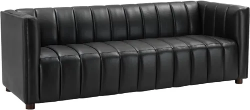 Vista 7 de HULALA HOME Sofá de cuero genuino de 83 pulgadas con diseño de canal, color Negro